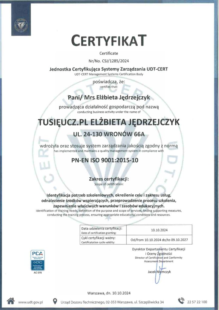 certyfikat ISO 9001:2015 firmy TuSięUcz.pl wystawiony przez jednostkę certyfikującą